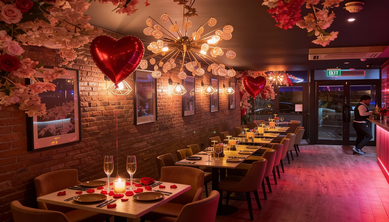 Romantic Valentine’s Day dining setup at Yammas restaurant in Beckenham with candlelit tables, heart balloons and warm lighting